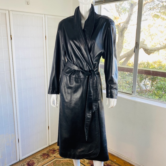 Vintage BERGDORF GOODMAN Womens Black Leather Trench Coat w/Belt - Picture 5 of 5